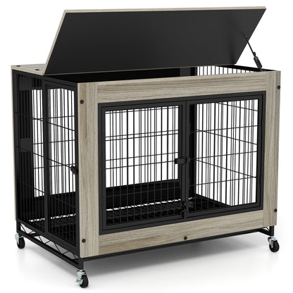 Industrial Dog Kennel with Flip-up Top 3 Lockable Doors and Removable Tray, Gray Dog Kennels at Gallery Canada
