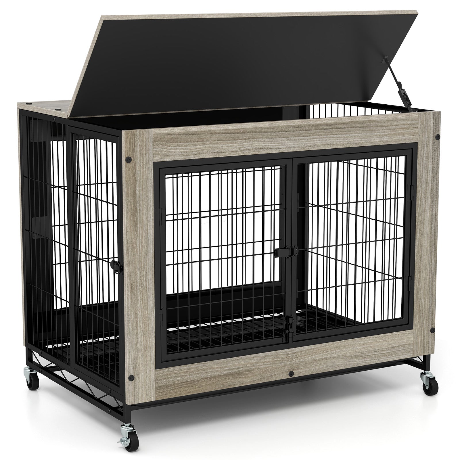 Industrial Dog Kennel with Flip-up Top 3 Lockable Doors and Removable Tray, Gray Dog Kennels Gray at Gallery Canada