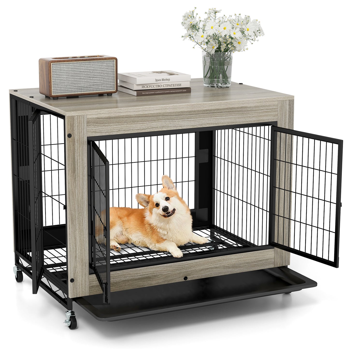 Industrial Dog Kennel with Flip-up Top 3 Lockable Doors and Removable Tray, Gray Dog Kennels at Gallery Canada