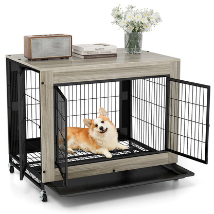 Industrial Dog Kennel with Flip-up Top 3 Lockable Doors and Removable Tray, Gray Dog Kennels at Gallery Canada