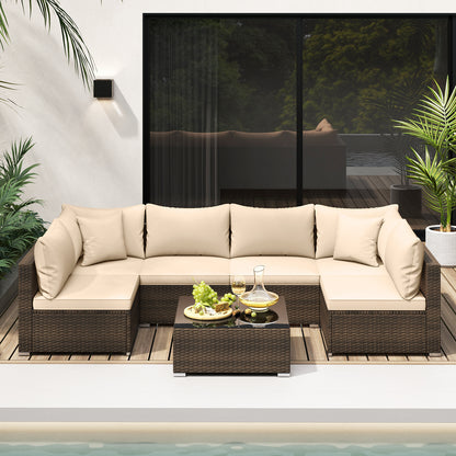 7 Pieces Patio Rattan Furniture Set with Sectional Sofa Cushions, Beige Outdoor Sectionals at Gallery Canada