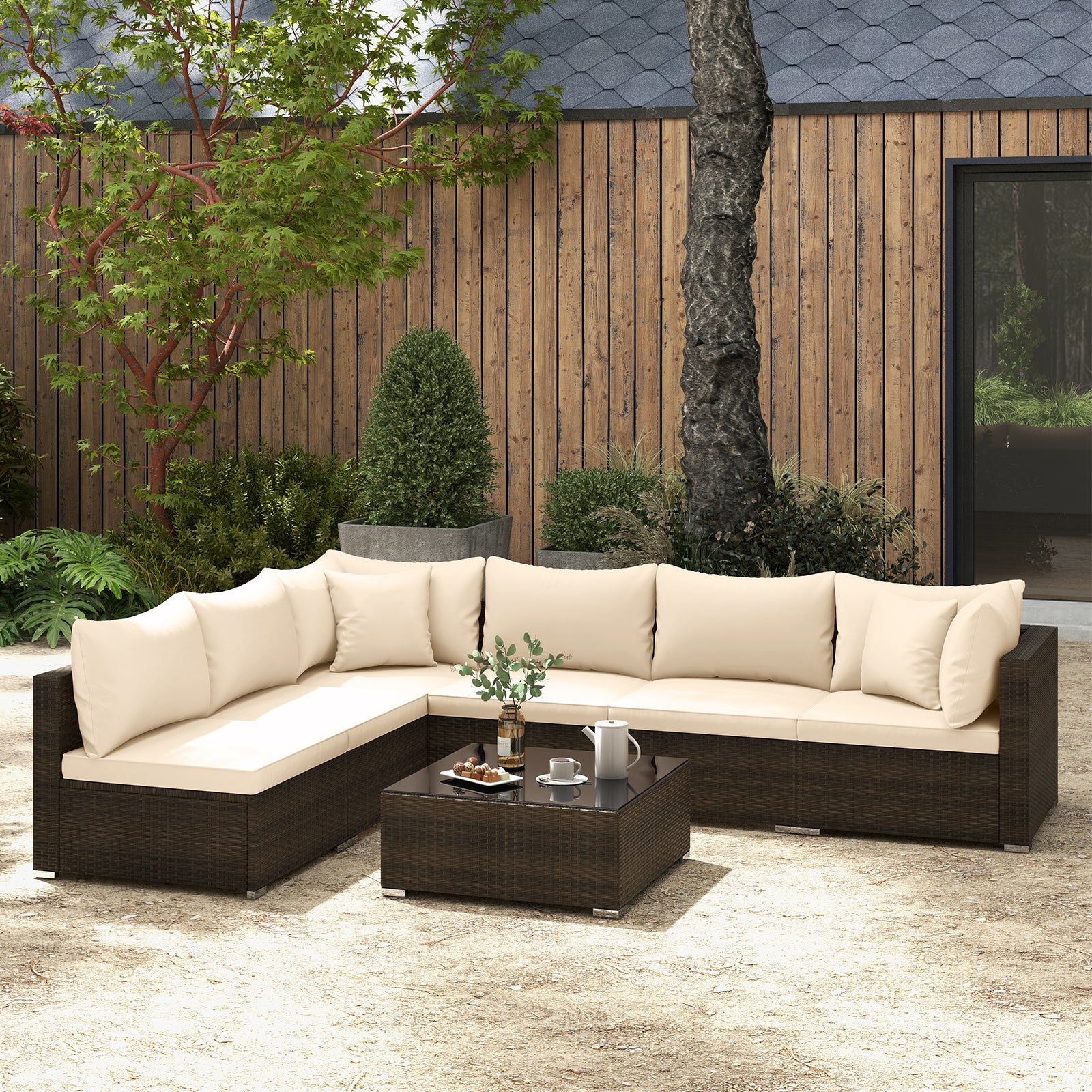 7 Pieces Patio Rattan Furniture Set with Sectional Sofa Cushions, Beige Outdoor Sectionals at Gallery Canada