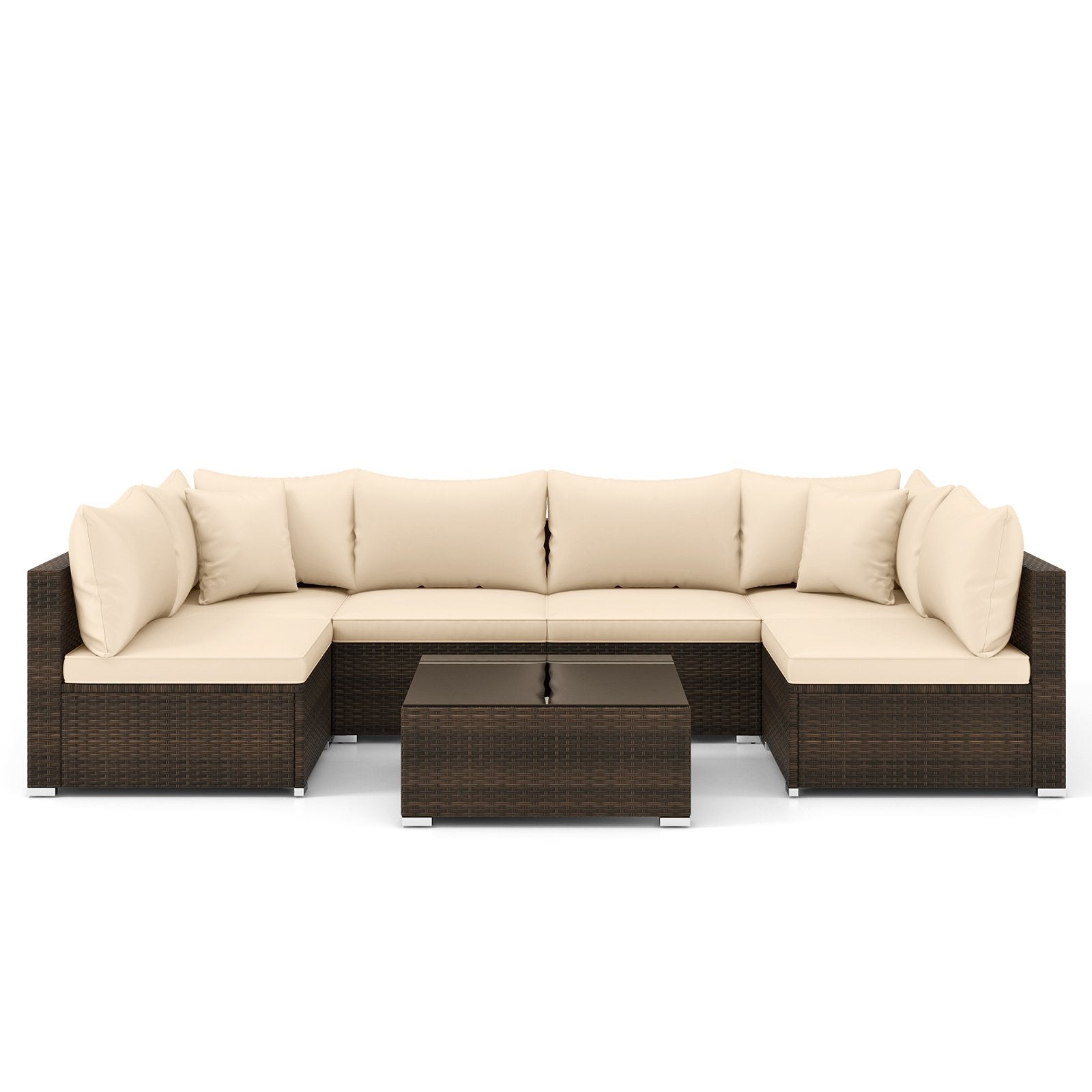 7 Pieces Patio Rattan Furniture Set with Sectional Sofa Cushions, Beige Outdoor Sectionals Beige at Gallery Canada