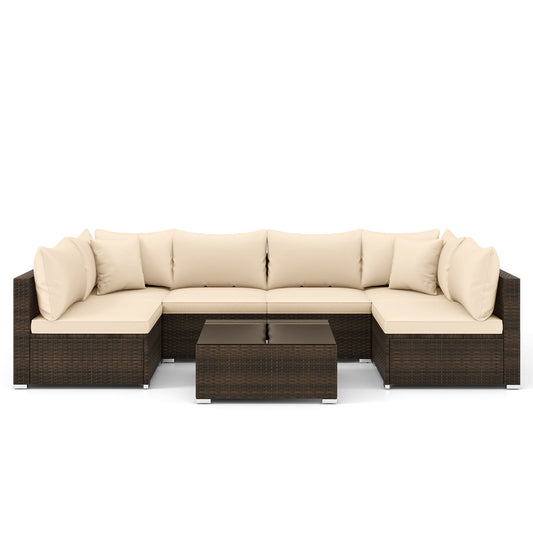 7 Pieces Patio Rattan Furniture Set with Sectional Sofa Cushions, Beige Outdoor Sectionals Beige at Gallery Canada