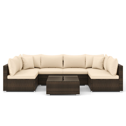 Ensemble de mobilier de patio en rotin 7 pièces, coussins de canapé sectionnel, beige