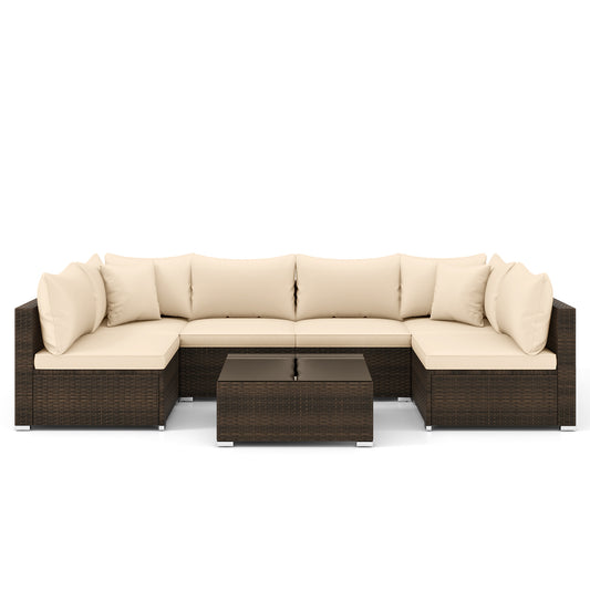 7-Piece Patio Rattan Furniture Set, Sectional Sofa Cushions, Beige Outdoor Sectionals Beige at Gallery Canada