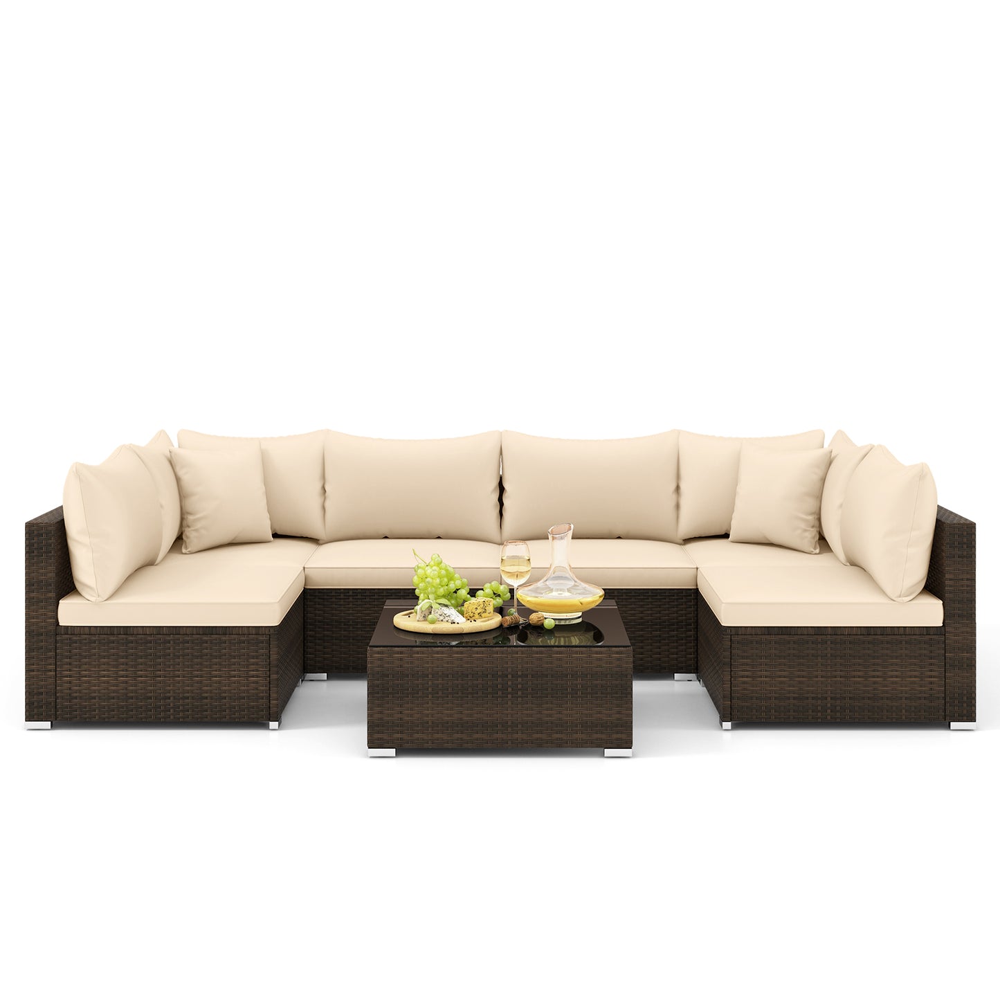 7 Pieces Patio Rattan Furniture Set with Sectional Sofa Cushions, Beige Outdoor Sectionals at Gallery Canada