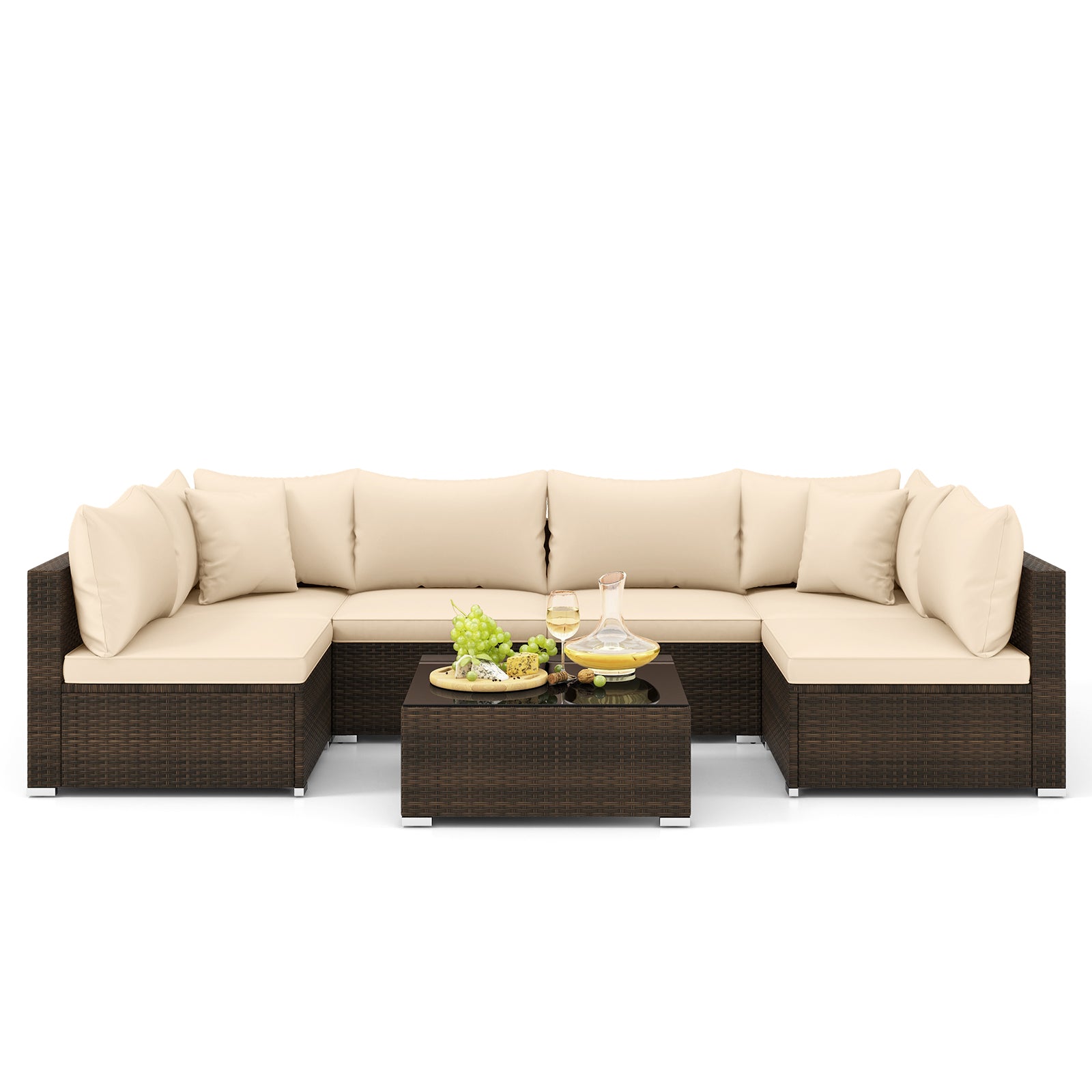 7 Pieces Patio Rattan Furniture Set with Sectional Sofa Cushions, Beige Outdoor Sectionals at Gallery Canada