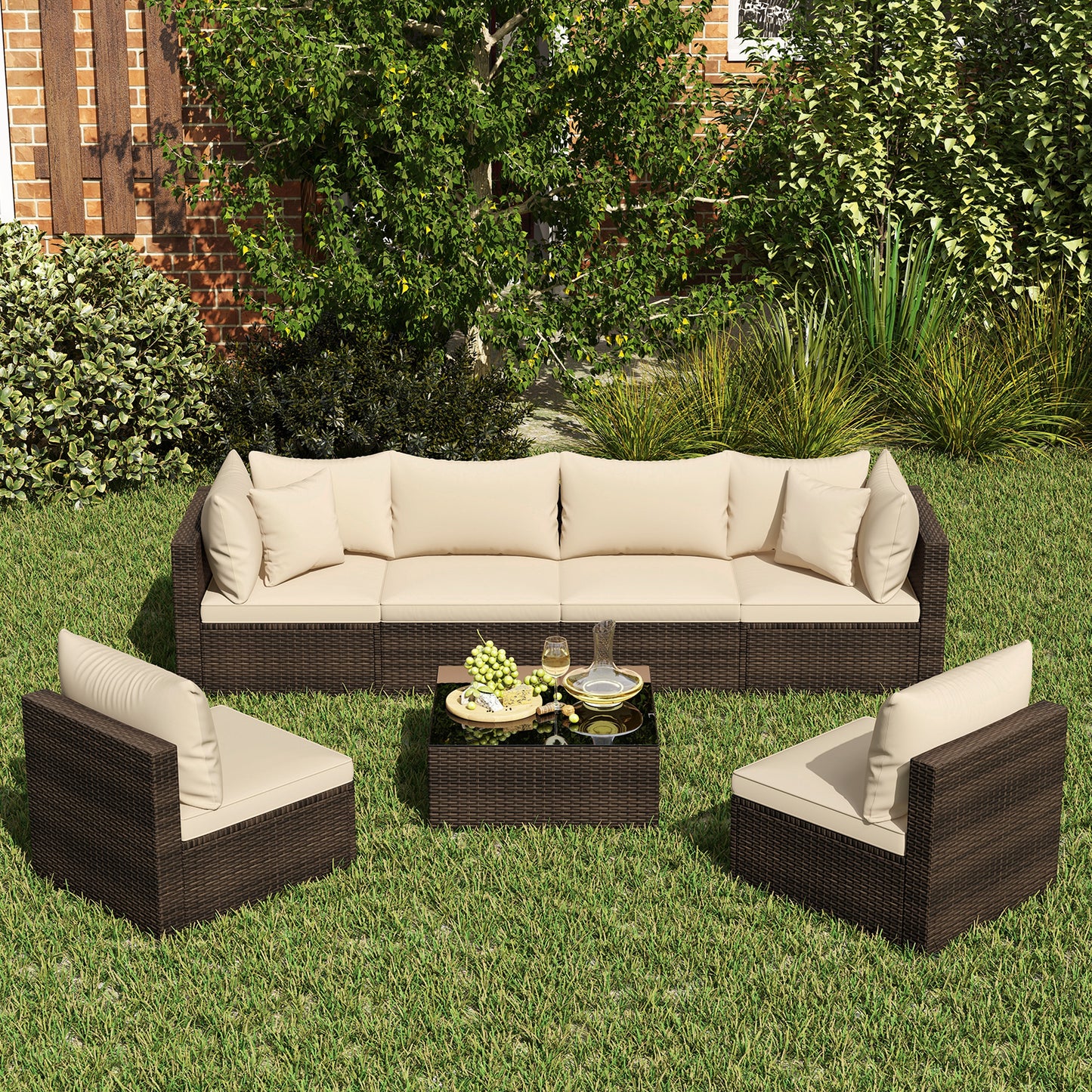 7 Pieces Patio Rattan Furniture Set with Sectional Sofa Cushions, Beige Outdoor Sectionals at Gallery Canada