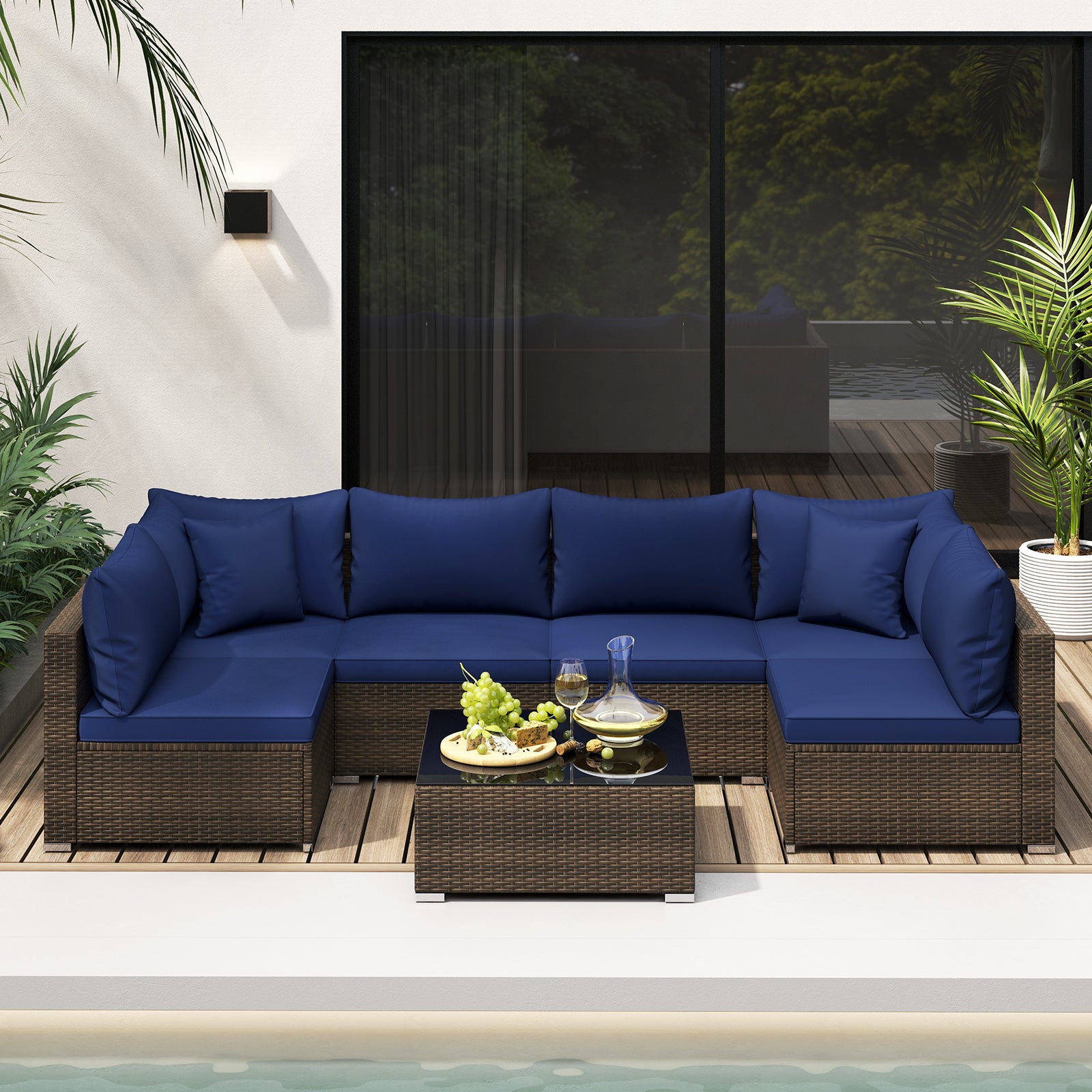 7 Pieces Patio Rattan Furniture Set with Sectional Sofa Cushions, Navy Outdoor Sectionals at Gallery Canada