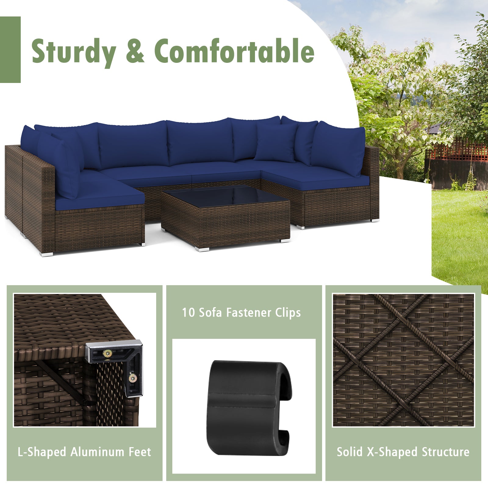 7 Pieces Patio Rattan Furniture Set with Sectional Sofa Cushions, Navy Outdoor Sectionals at Gallery Canada