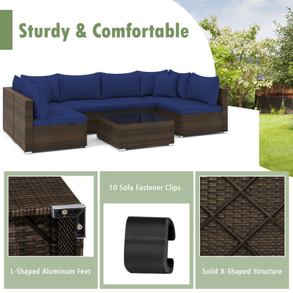 7 Pieces Patio Rattan Furniture Set with Sectional Sofa Cushions, Navy Outdoor Sectionals at Gallery Canada