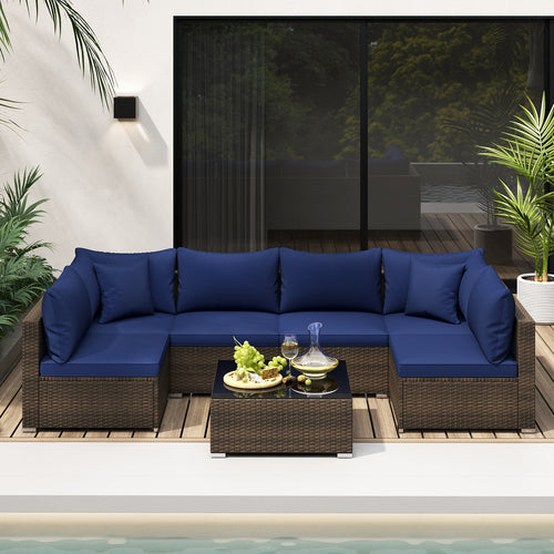 7 Pieces Patio Rattan Furniture Set with Sectional Sofa Cushions, Navy