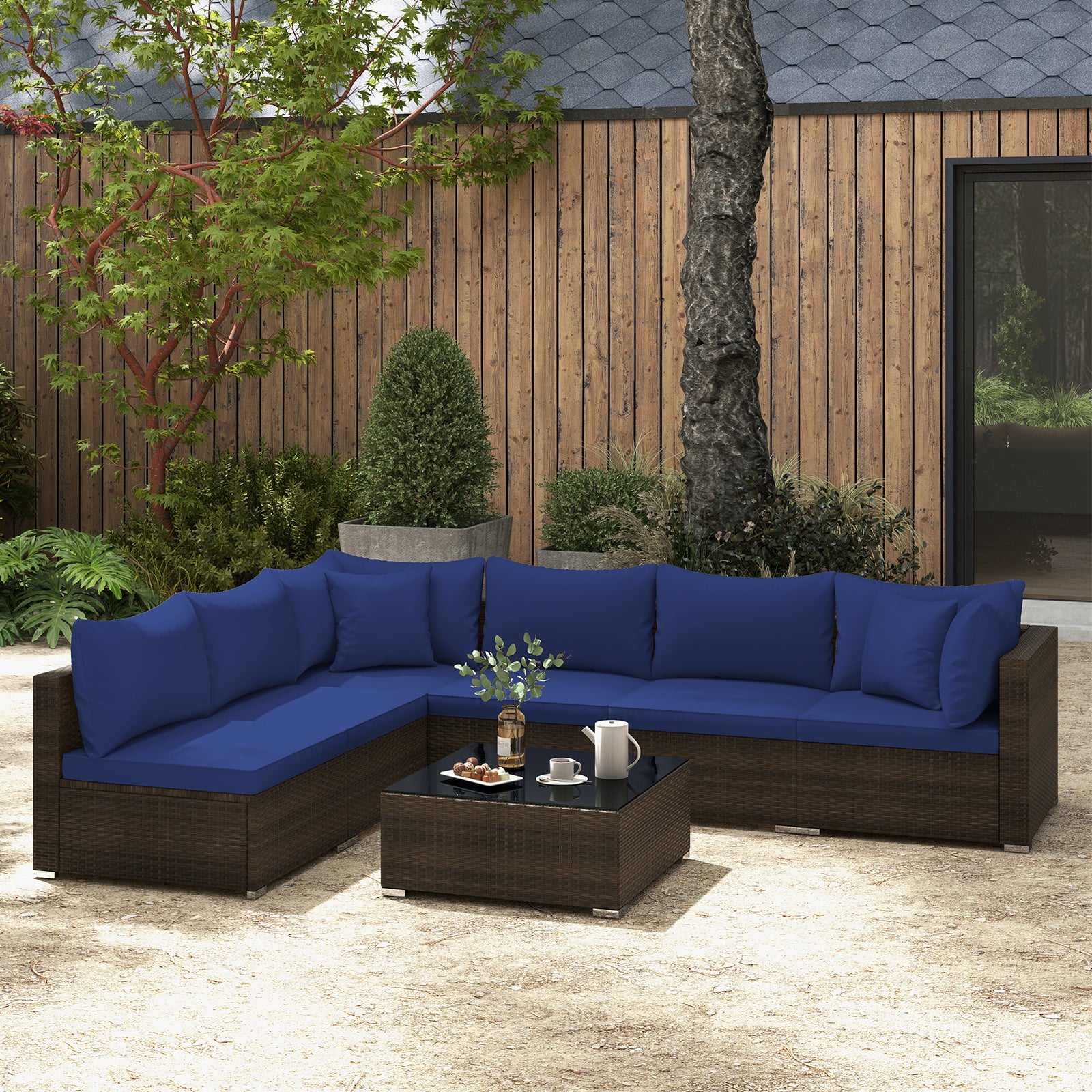 7 Pieces Patio Rattan Furniture Set with Sectional Sofa Cushions, Navy Outdoor Sectionals at Gallery Canada
