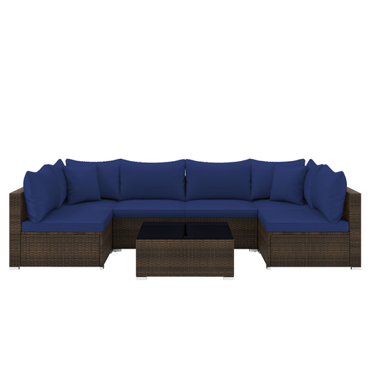 7 Pieces Patio Rattan Furniture Set with Sectional Sofa Cushions, Navy Outdoor Sectionals Navy at Gallery Canada