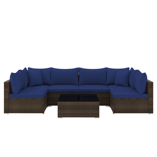 7 Pieces Patio Rattan Furniture Set with Sectional Sofa Cushions, Navy