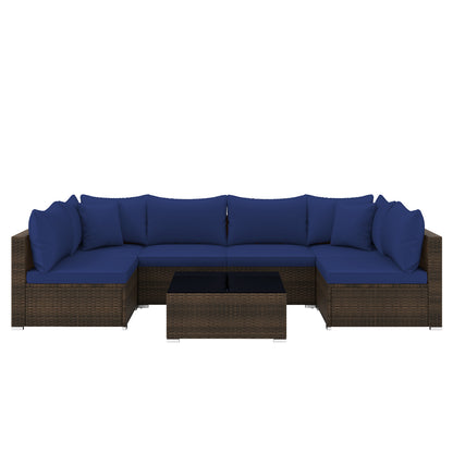 7 Pieces Patio Rattan Furniture Set with Sectional Sofa Cushions, Navy Outdoor Sectionals at Gallery Canada