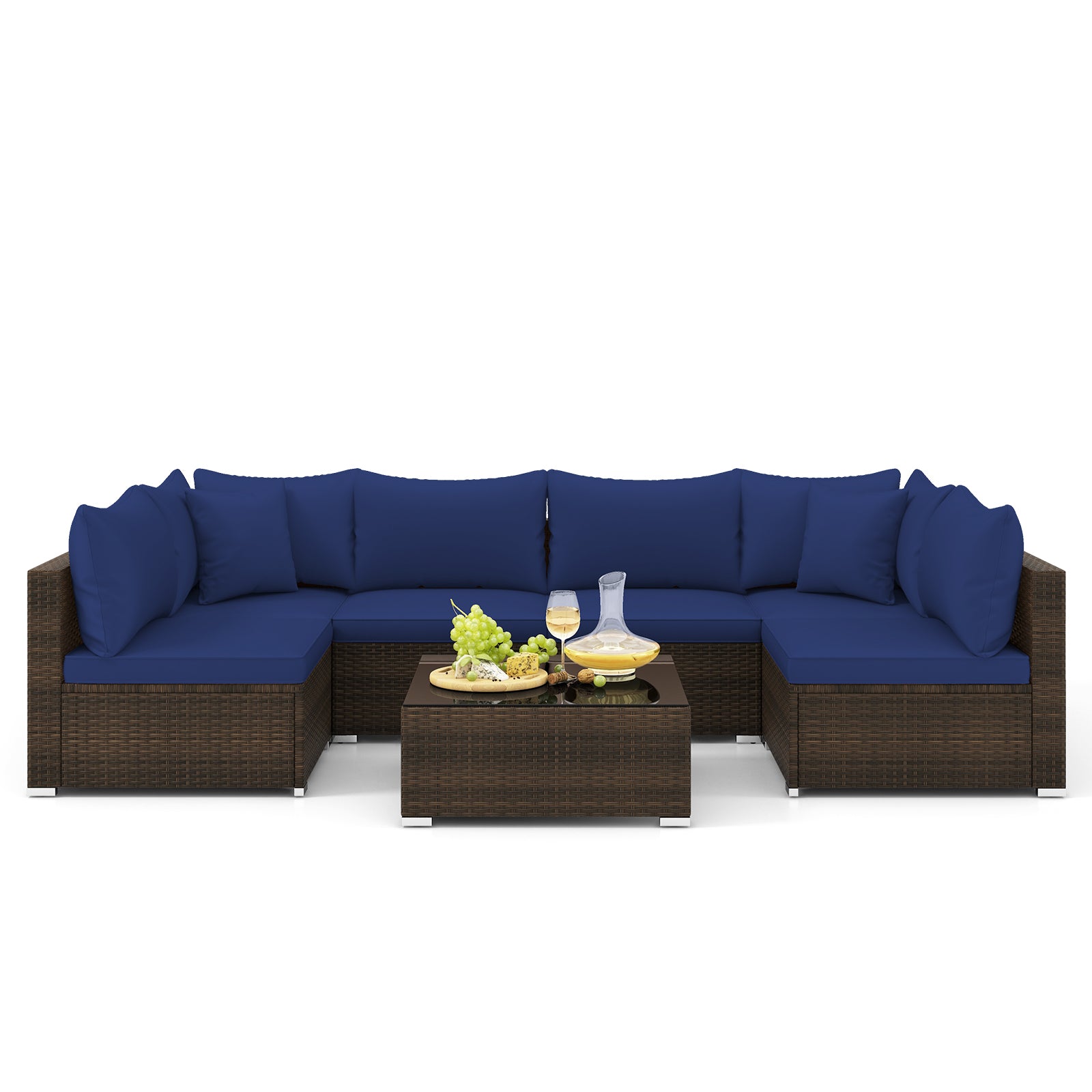 7 Pieces Patio Rattan Furniture Set with Sectional Sofa Cushions, Navy Outdoor Sectionals at Gallery Canada