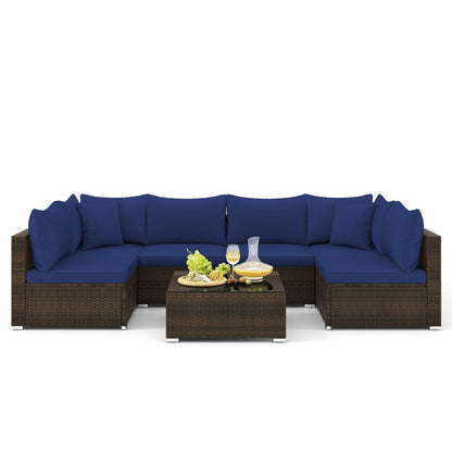 7 Pieces Patio Rattan Furniture Set with Sectional Sofa Cushions, Navy Outdoor Sectionals at Gallery Canada