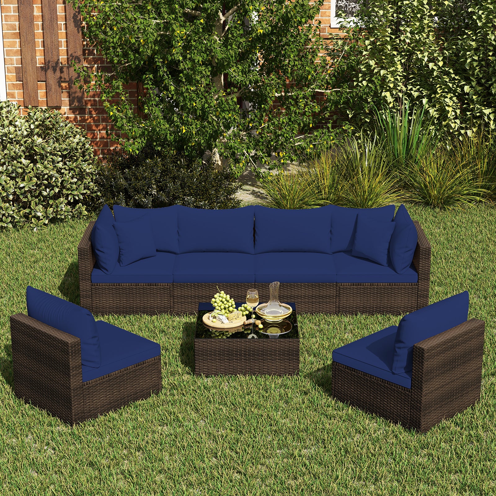7 Pieces Patio Rattan Furniture Set with Sectional Sofa Cushions, Navy Outdoor Sectionals at Gallery Canada