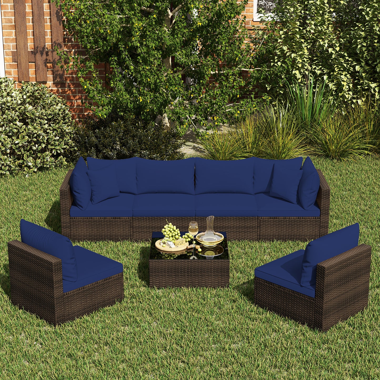 7 Pieces Patio Rattan Furniture Set with Sectional Sofa Cushions, Navy Outdoor Sectionals at Gallery Canada
