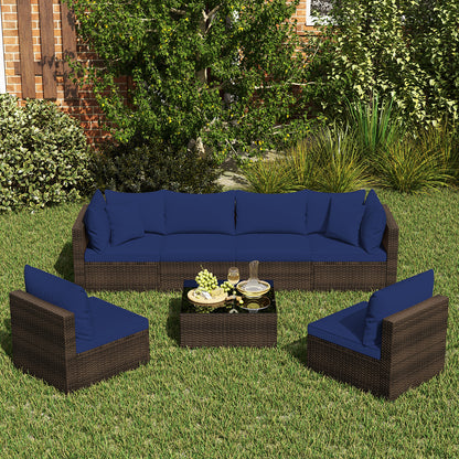 7 Pieces Patio Rattan Furniture Set with Sectional Sofa Cushions, Navy Outdoor Sectionals at Gallery Canada