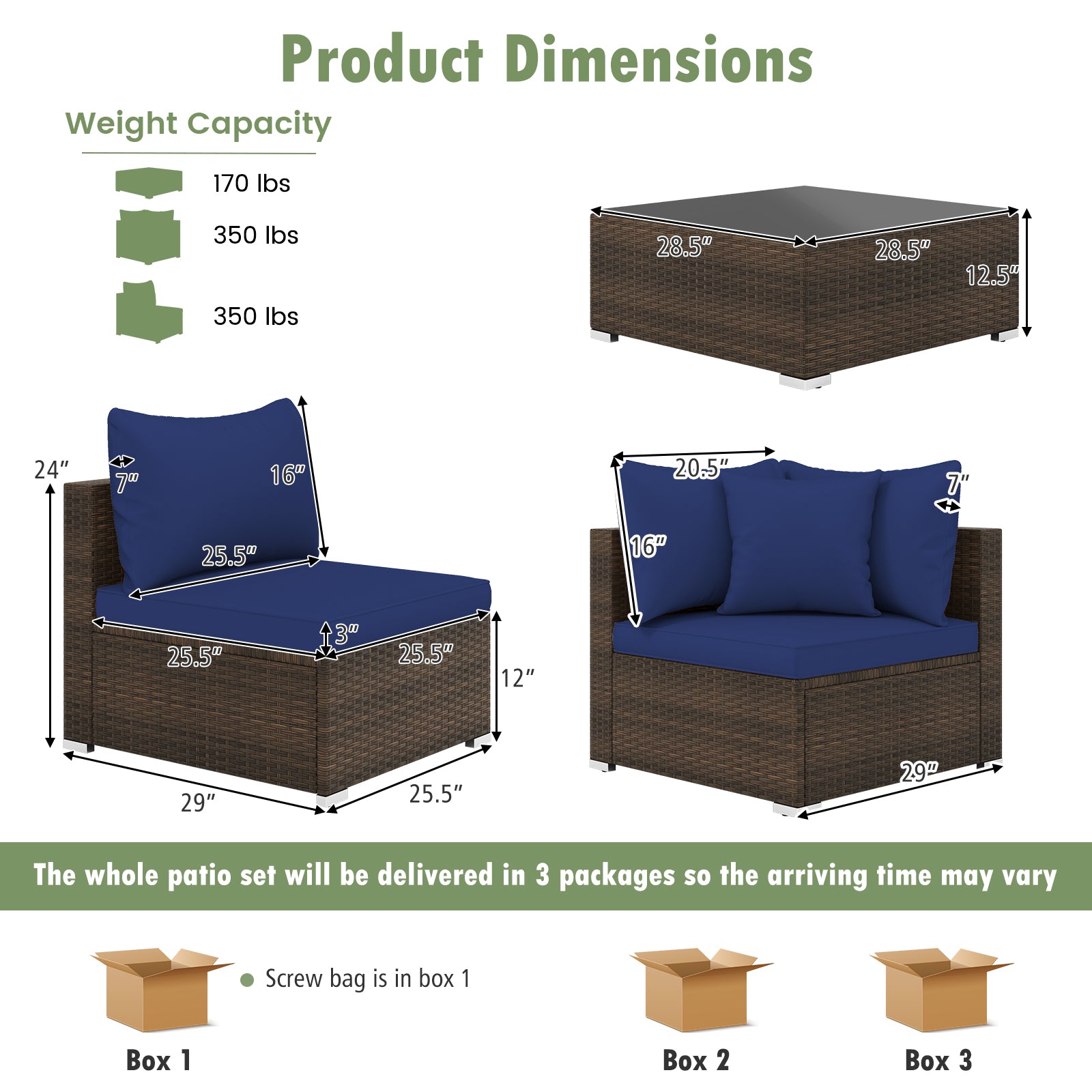 7 Pieces Patio Rattan Furniture Set with Sectional Sofa Cushions, Navy Outdoor Sectionals at Gallery Canada