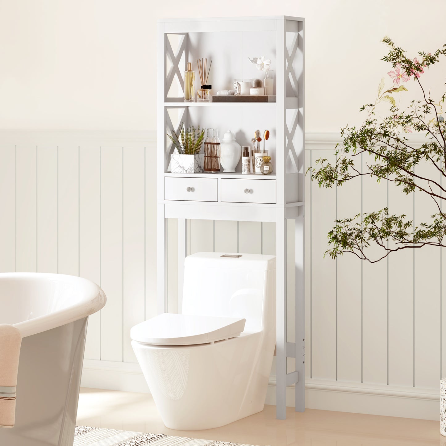 Over the Toilet Storage Rack Tall with Drawers Shelves and Adjustable Bottom Bar, White Bathroom Etagere at Gallery Canada