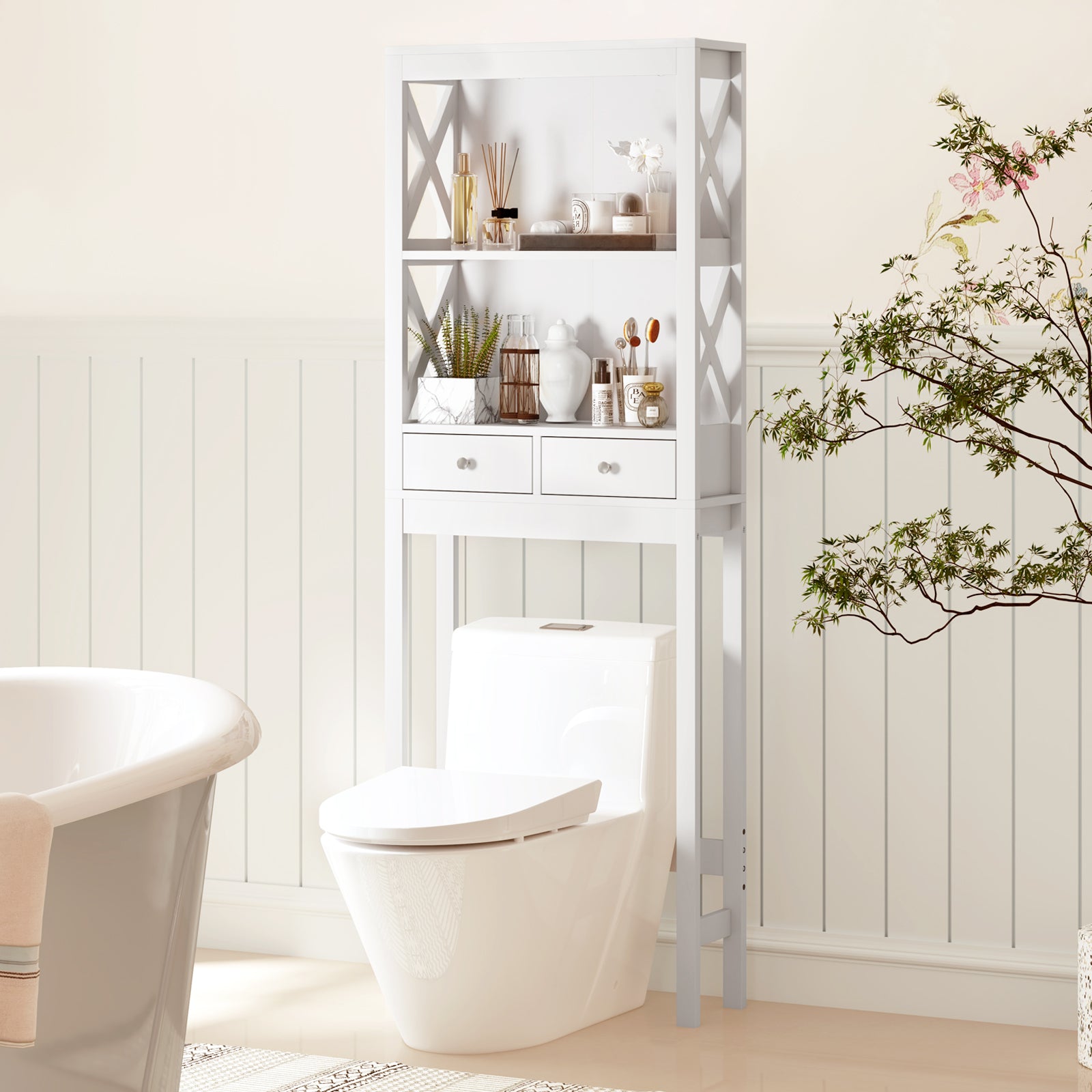 Over the Toilet Storage Rack Tall with Drawers Shelves and Adjustable Bottom Bar, White Bathroom Etagere at Gallery Canada