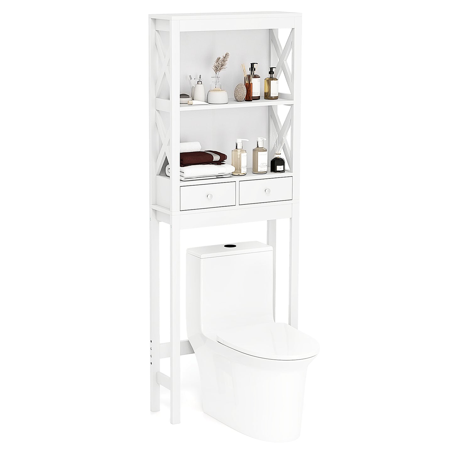 Over the Toilet Storage Rack Tall with Drawers Shelves and Adjustable Bottom Bar, White Bathroom Etagere at Gallery Canada