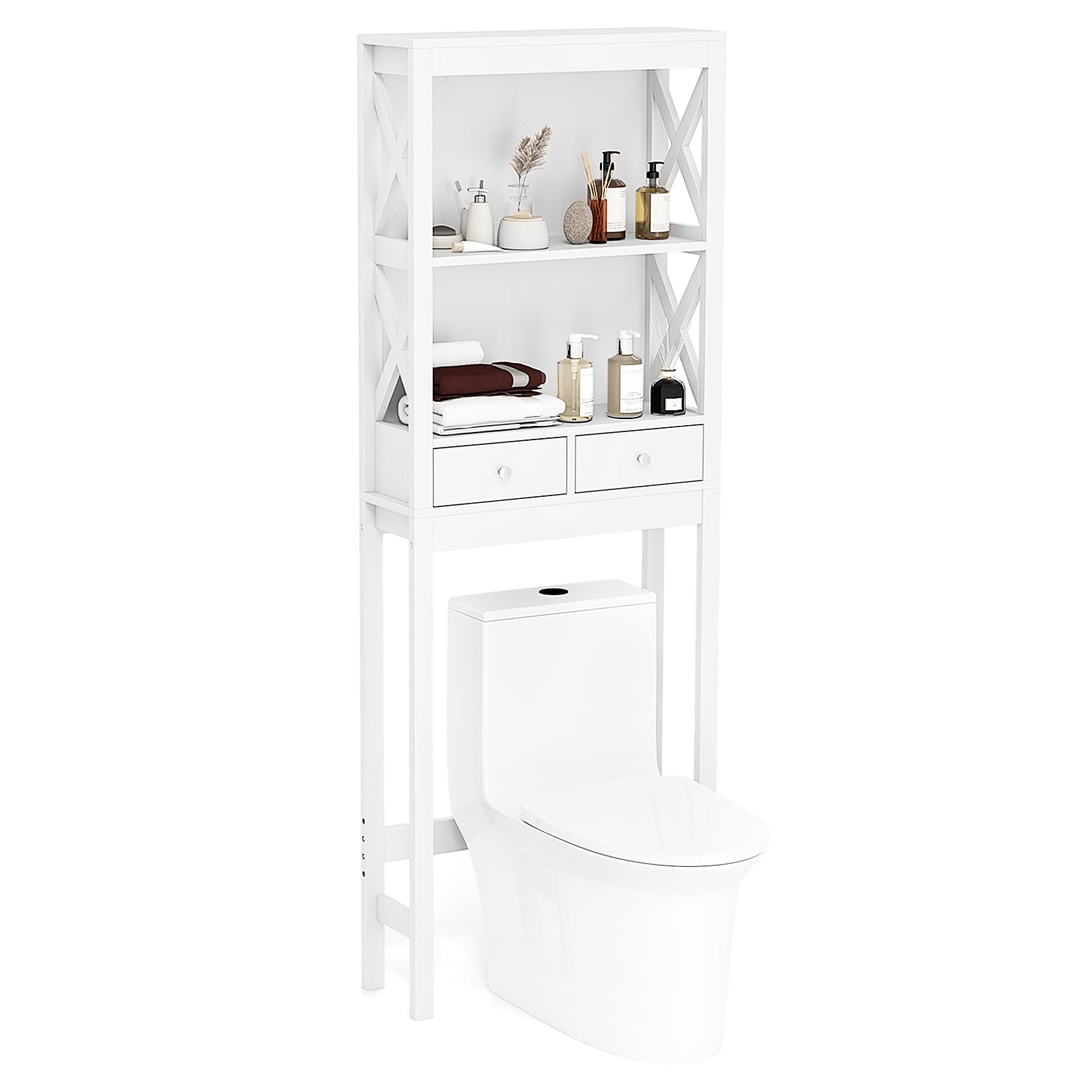 Over the Toilet Storage Rack Tall with Drawers Shelves and Adjustable Bottom Bar, White Bathroom Etagere at Gallery Canada