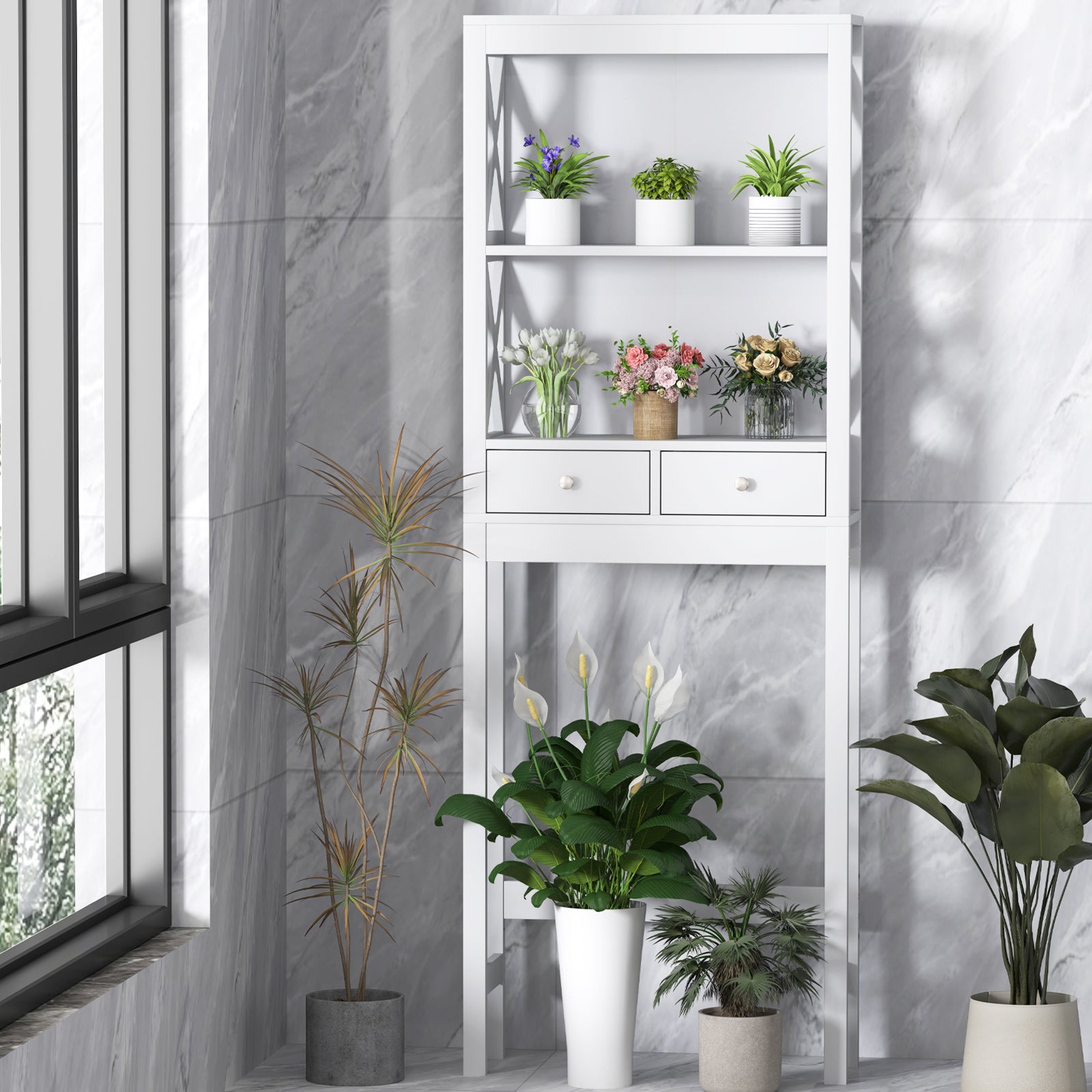 Over the Toilet Storage Rack Tall with Drawers Shelves and Adjustable Bottom Bar, White Bathroom Etagere at Gallery Canada