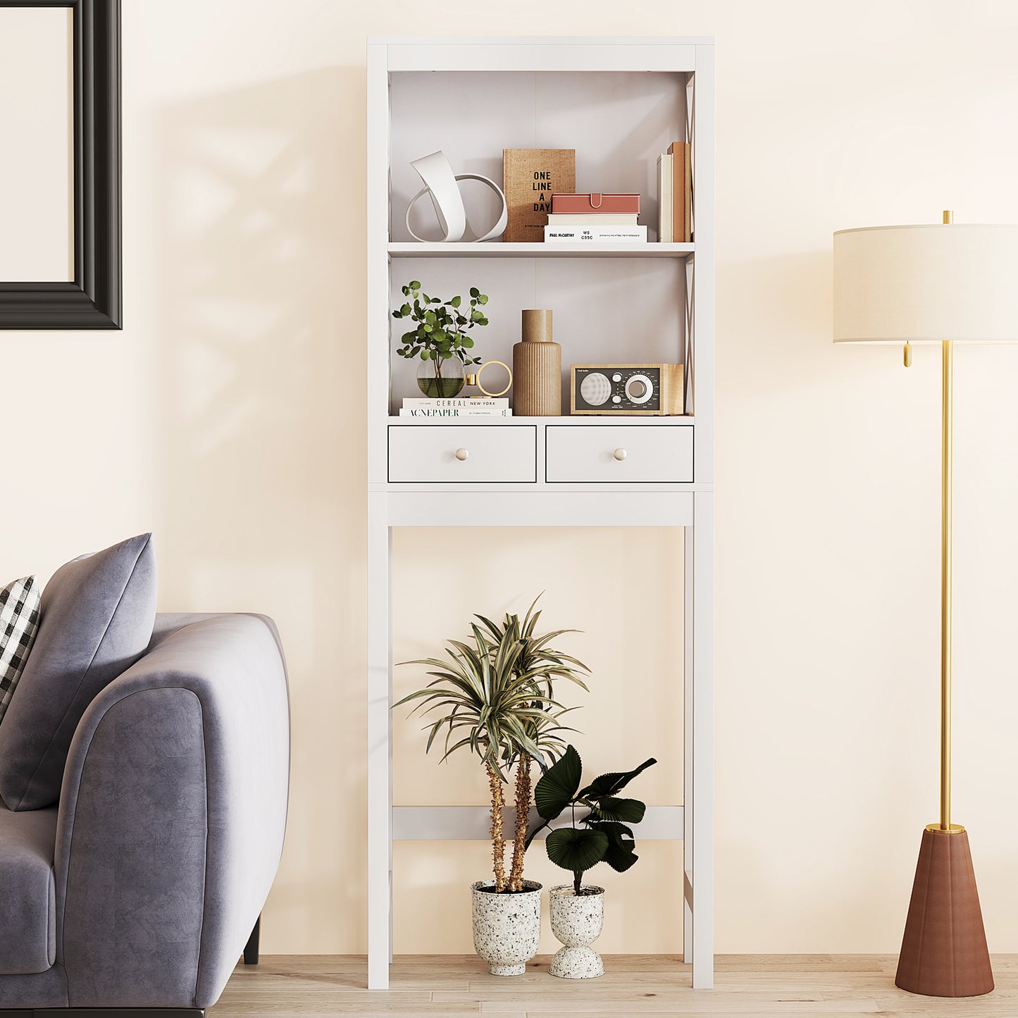 Over the Toilet Storage Rack Tall with Drawers Shelves and Adjustable Bottom Bar, White Bathroom Etagere at Gallery Canada