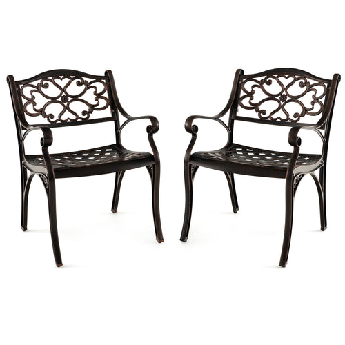 Cast Aluminum Dining Chairs Set of 2 with Patio Chairs Armrests Flower Pattern, Bronze
