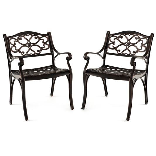 Cast Aluminum Dining Chairs Set Of 2, With Armrests Flower Pattern, Bronze Patio Dining Chairs Bronze at Gallery Canada