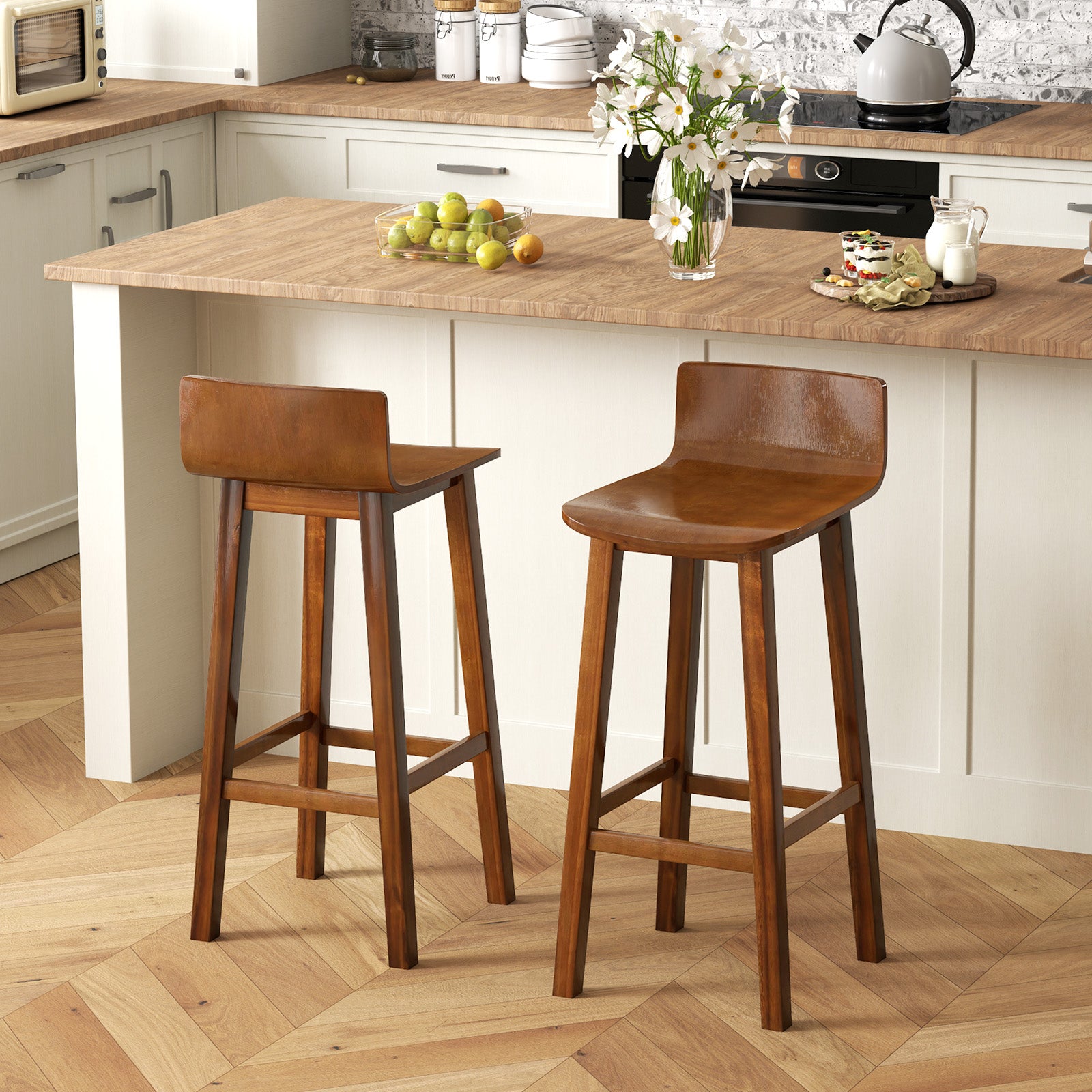 29 Inch Wood Bar Stools Set of 2 with Solid Back and Seat, Walnut Bar Stools at Gallery Canada