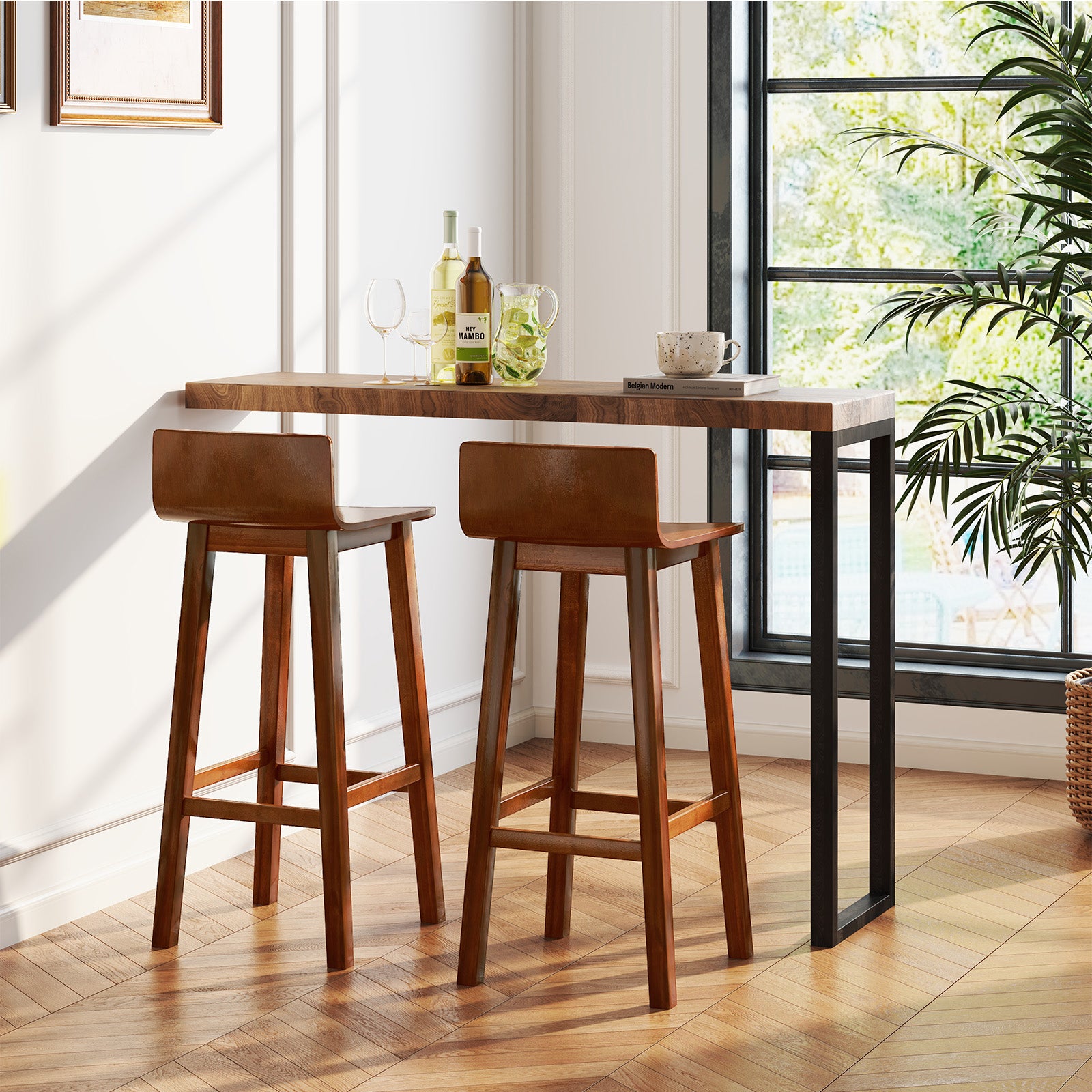 29 Inch Wood Bar Stools Set of 2 with Solid Back and Seat, Walnut Bar Stools at Gallery Canada