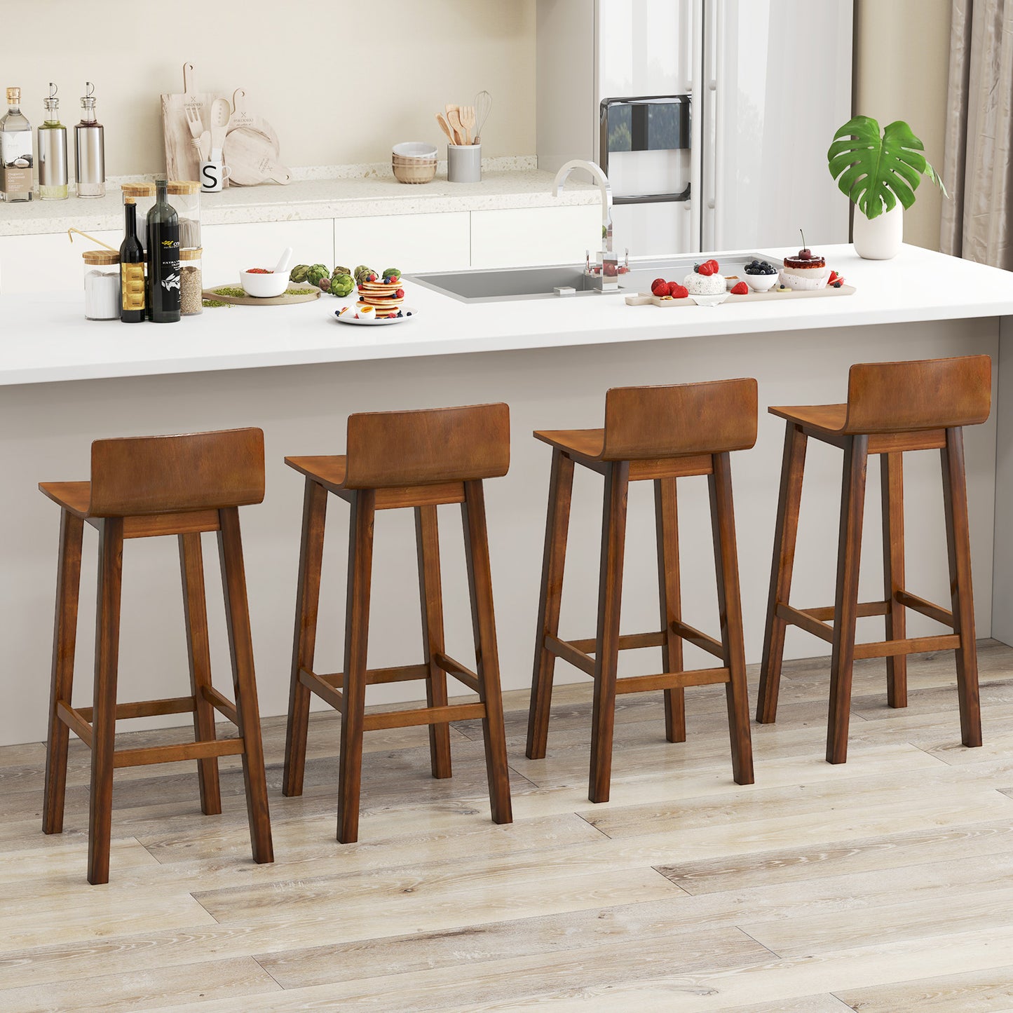 29 Inch Wood Bar Stools Set of 2 with Solid Back and Seat, Walnut Bar Stools at Gallery Canada