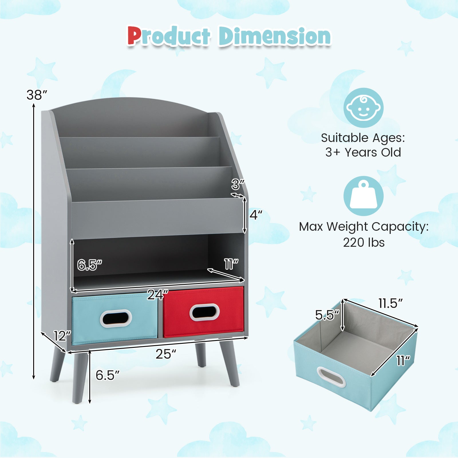 Kids Bookshelf with Open Compartment for Toddlers 3+ Years Old, Gray Kids Storage at Gallery Canada