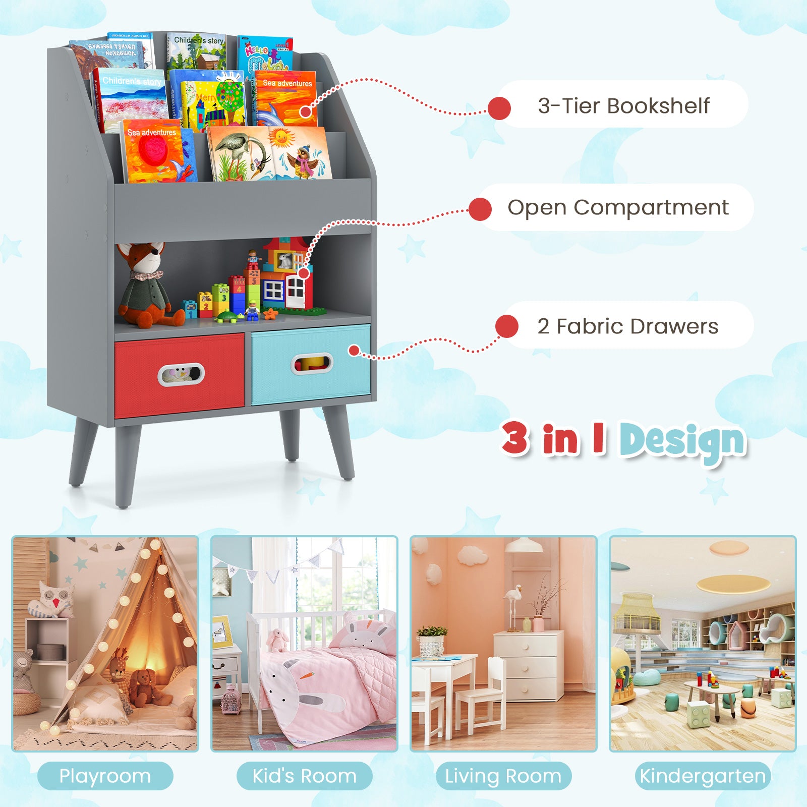 Kids Bookshelf with Open Compartment for Toddlers 3+ Years Old, Gray Kids Storage at Gallery Canada