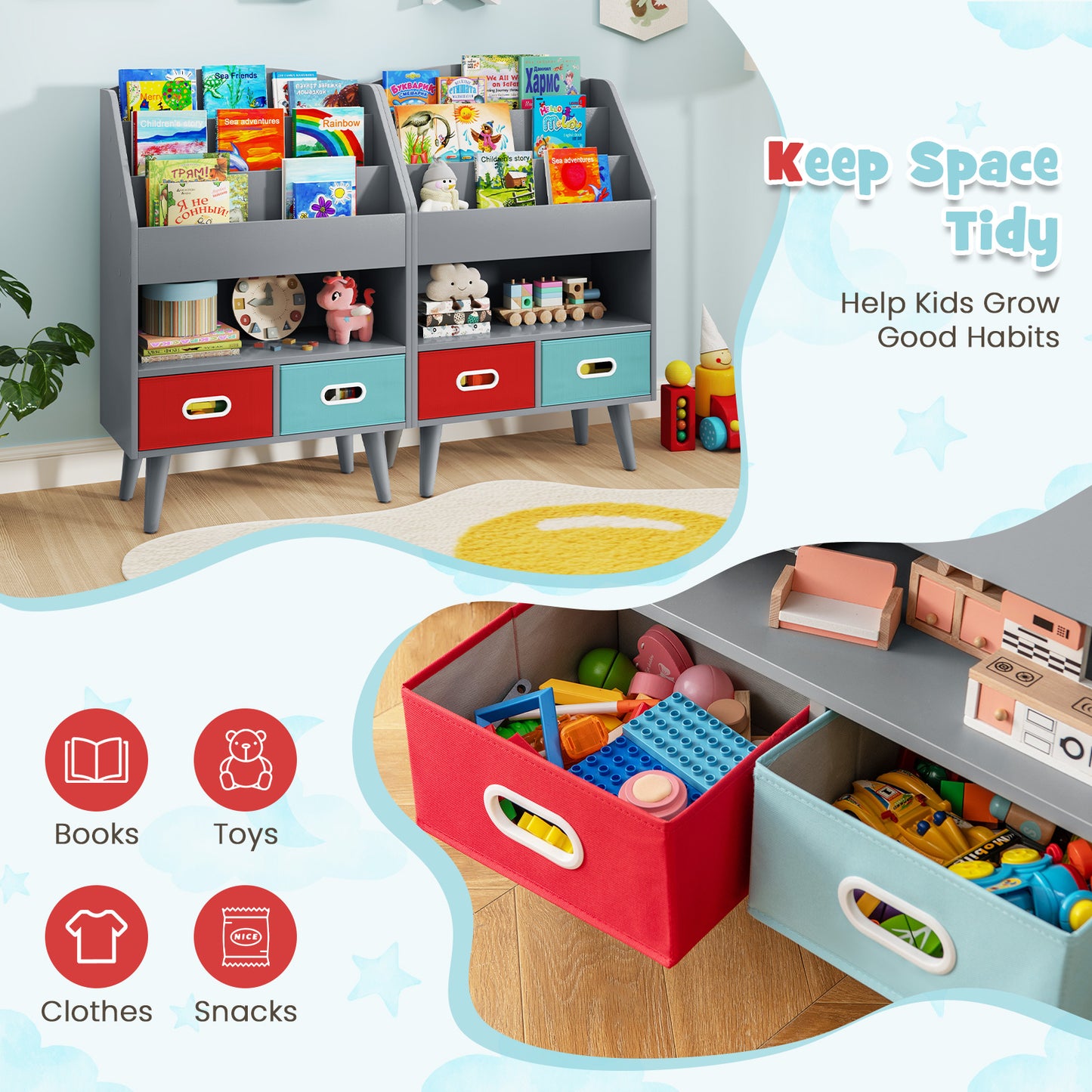 Kids Bookshelf with Open Compartment for Toddlers 3+ Years Old, Gray Kids Storage at Gallery Canada