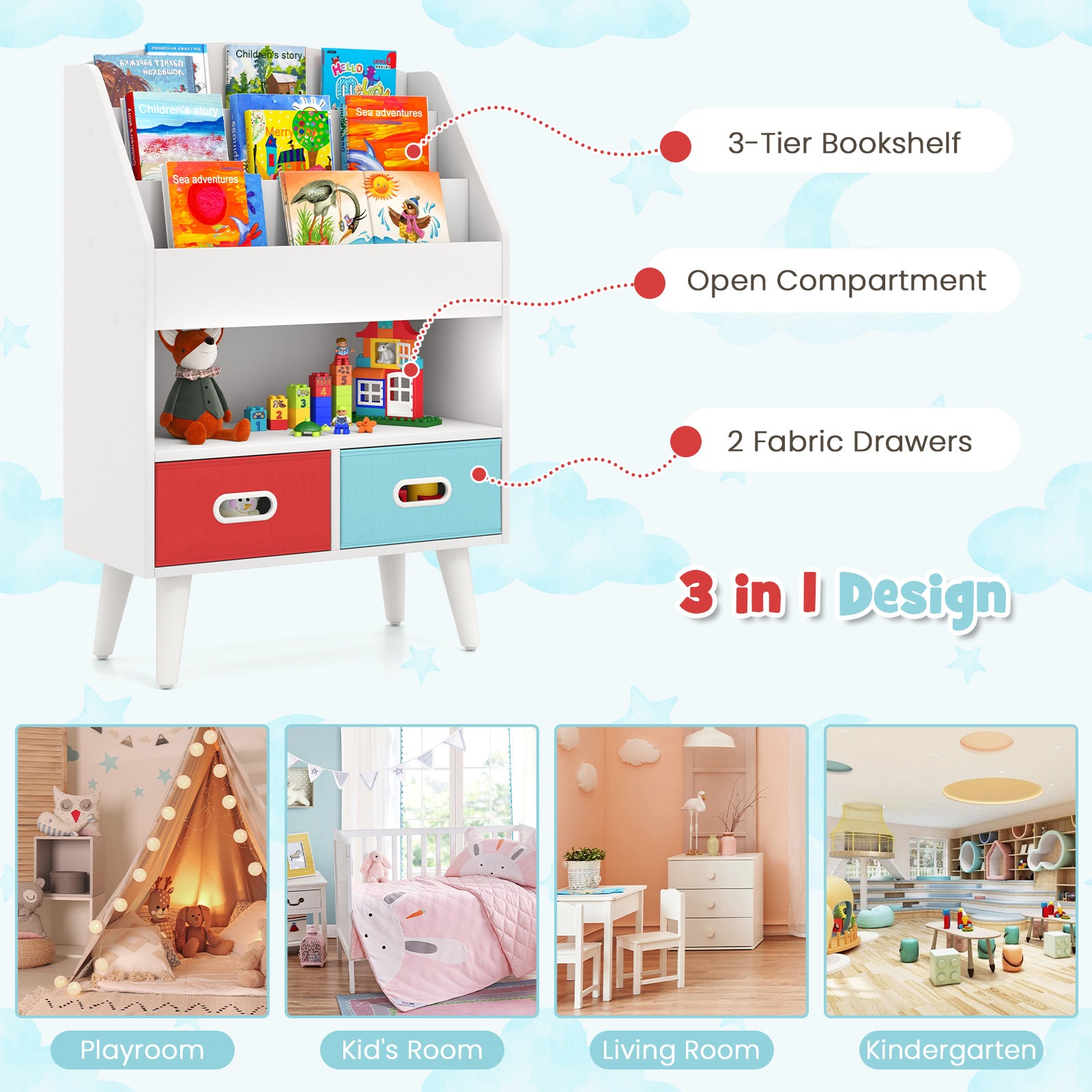 Kids Bookshelf with Open Compartment for Toddlers 3+ Years Old, White Kids Storage at Gallery Canada