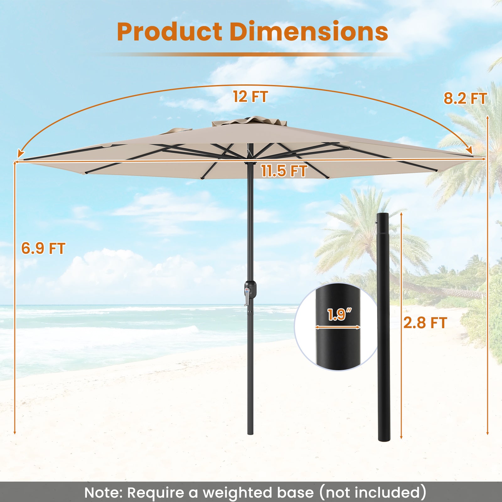 12 Feet Patio Umbrella with Crank Handle and 8 Sturdy Ribs, Beige Outdoor Umbrellas at Gallery Canada