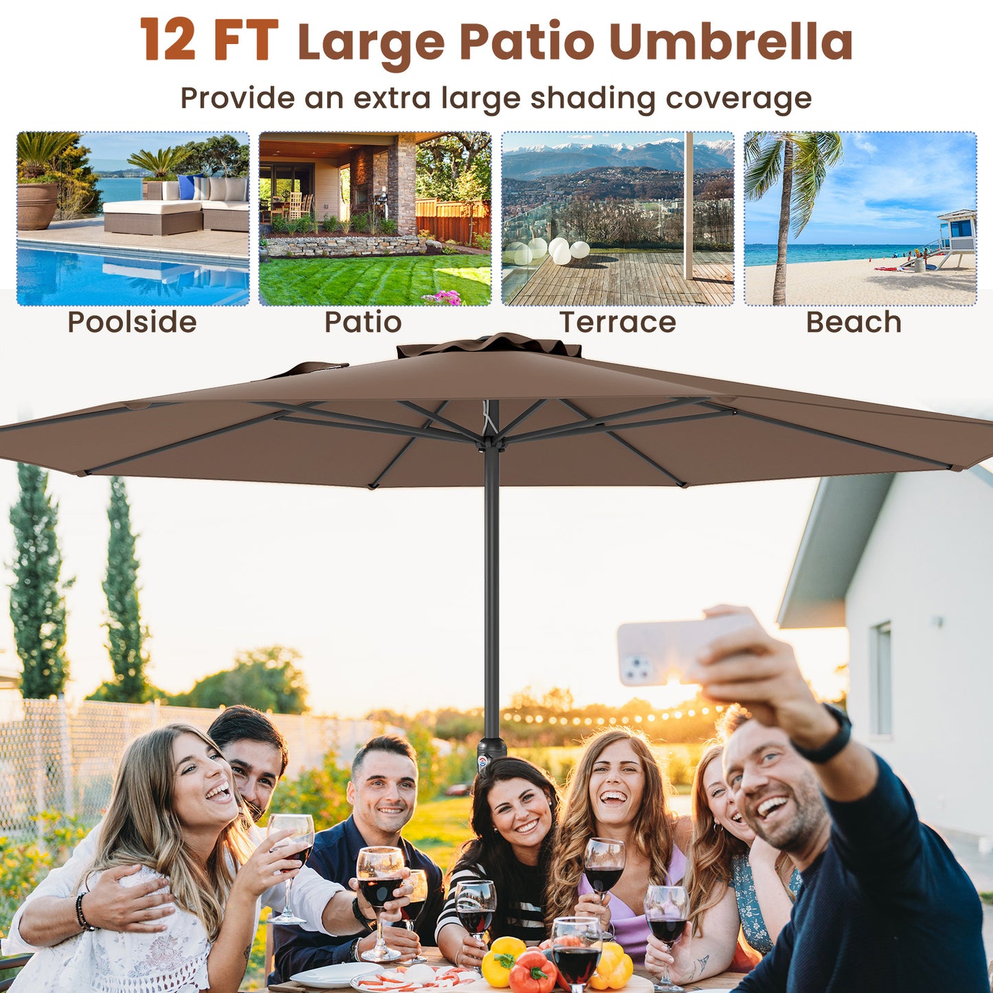 12 Feet Patio Umbrella with Crank Handle and 8 Sturdy Ribs, Coffee Outdoor Umbrellas at Gallery Canada