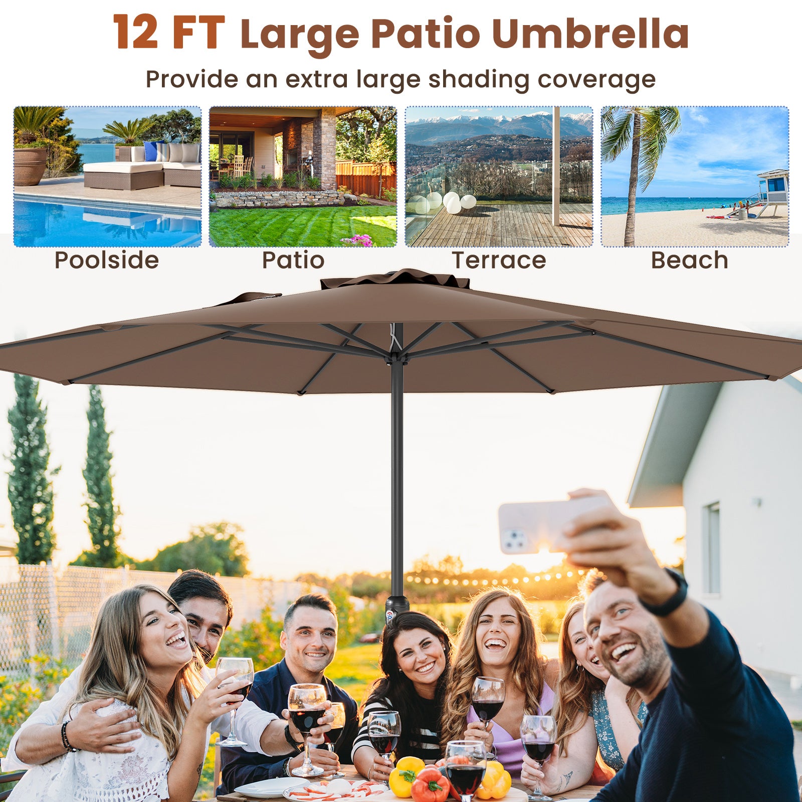 12 Feet Patio Umbrella with Crank Handle and 8 Sturdy Ribs, Coffee Outdoor Umbrellas at Gallery Canada