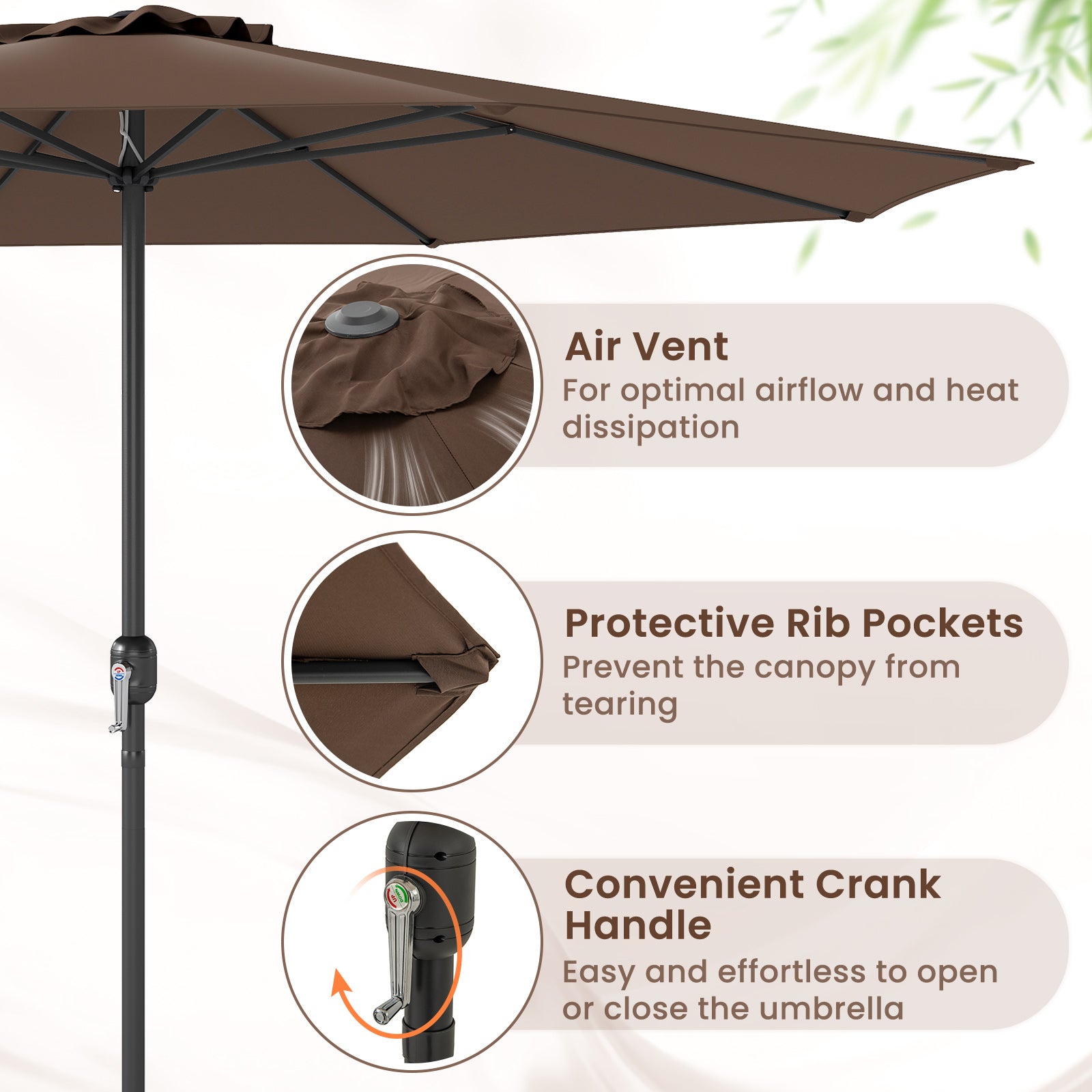 12 Feet Patio Umbrella with Crank Handle and 8 Sturdy Ribs, Coffee Outdoor Umbrellas at Gallery Canada