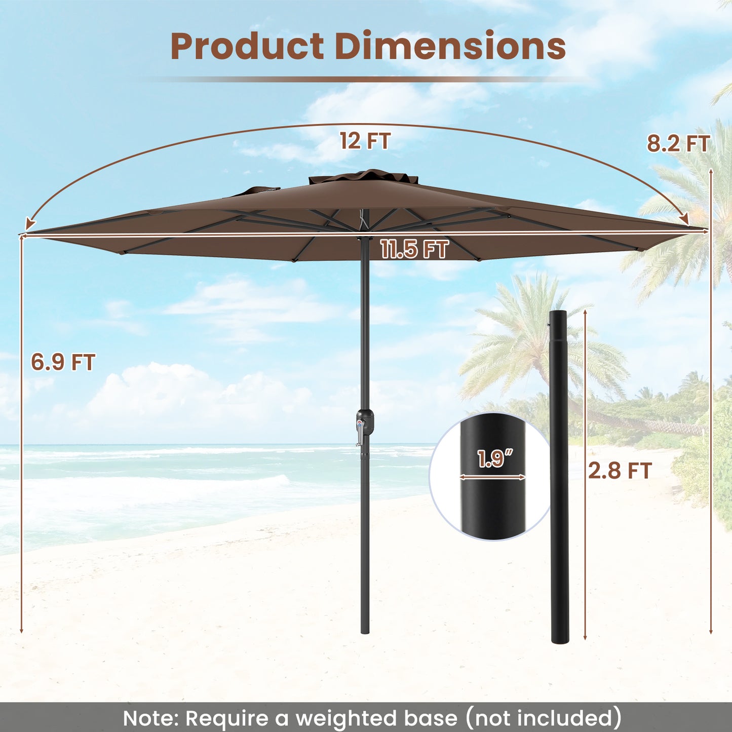 12 Feet Patio Umbrella with Crank Handle and 8 Sturdy Ribs, Coffee Outdoor Umbrellas at Gallery Canada