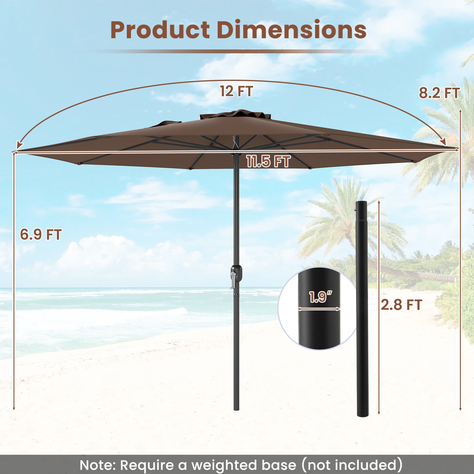 12 Feet Patio Umbrella with Crank Handle and 8 Sturdy Ribs, Coffee Outdoor Umbrellas at Gallery Canada