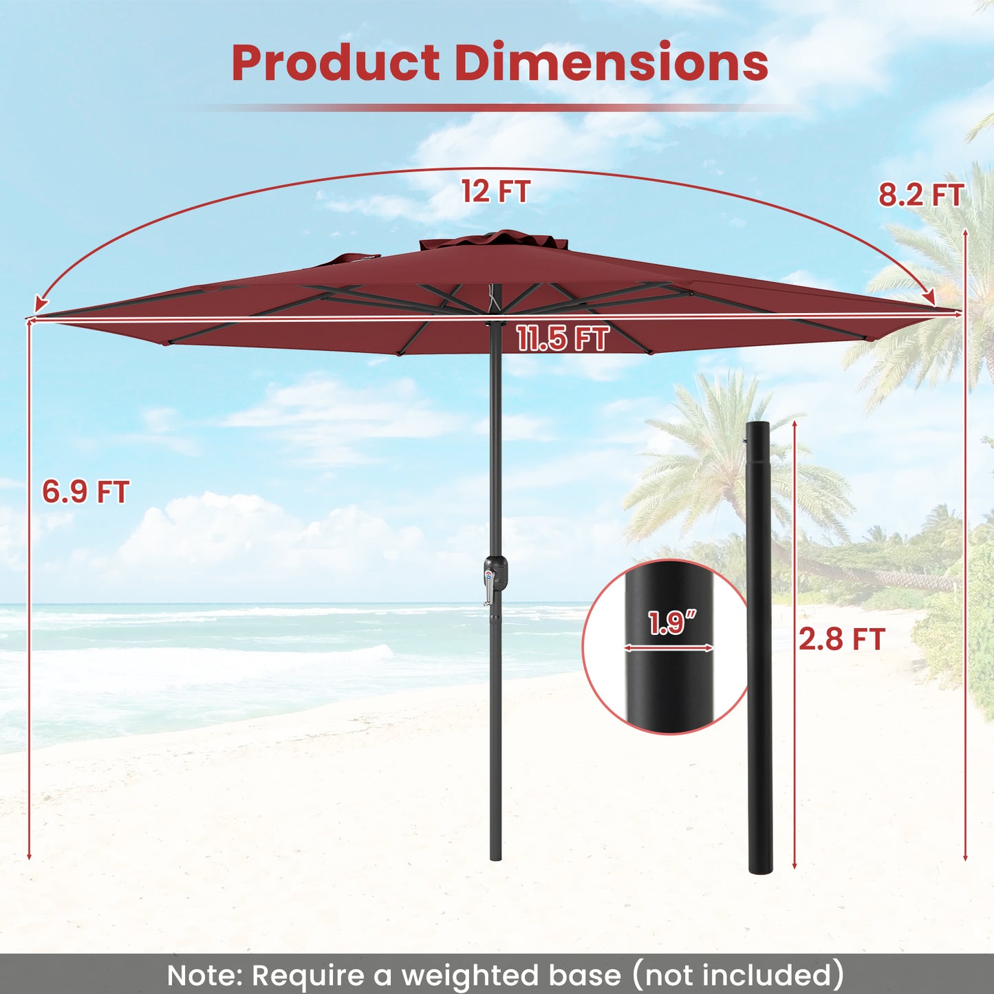 12 Feet Patio Umbrella with Crank Handle and 8 Sturdy Ribs, Red Outdoor Umbrellas at Gallery Canada