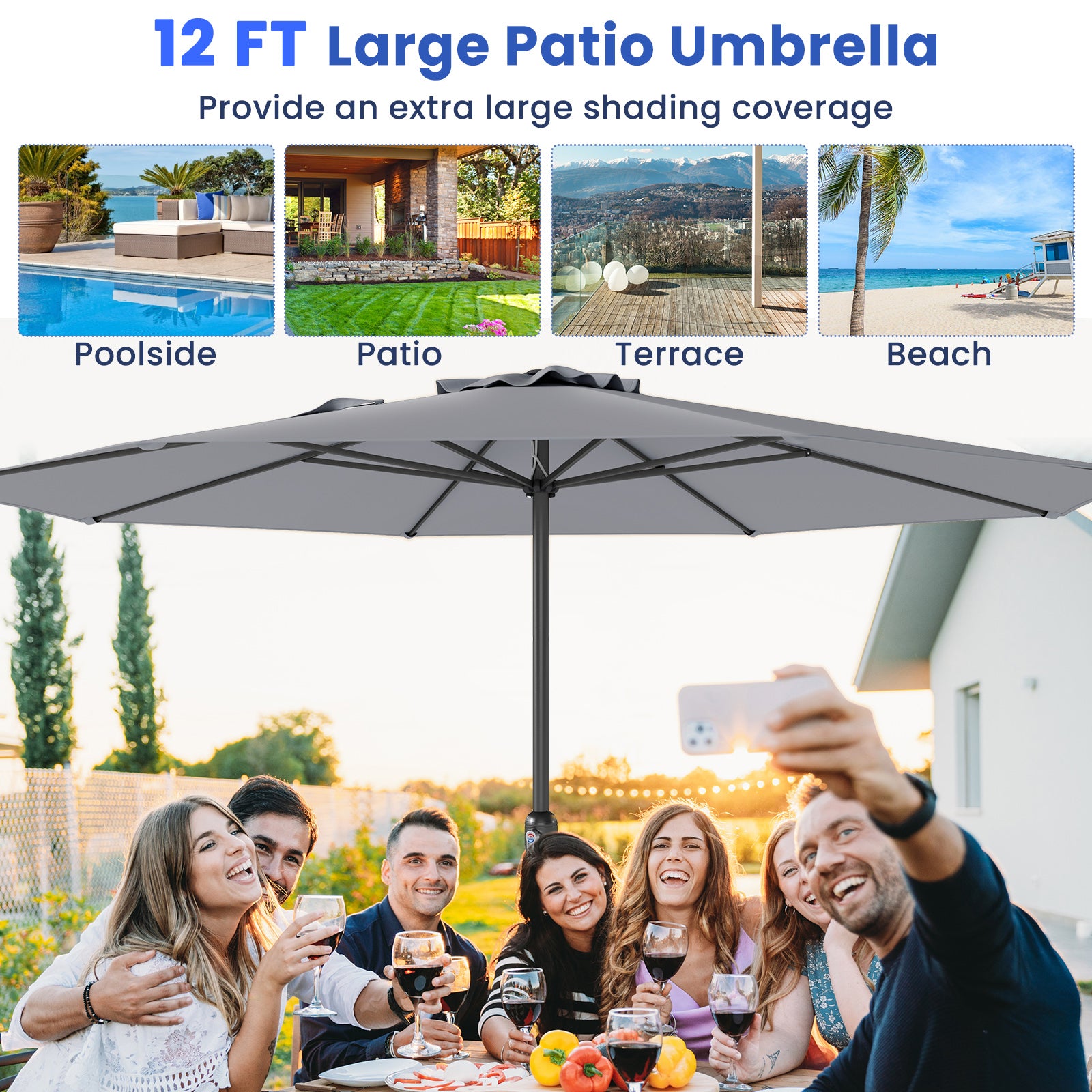 12 Feet Patio Umbrella with Crank Handle and 8 Sturdy Ribs, Gray Outdoor Umbrellas at Gallery Canada